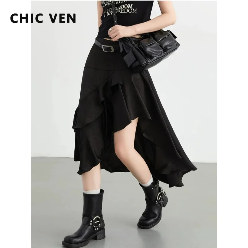 CHIC VEN Women Skirts Solid High Waisted Irregular Ruffled Edge Skirt A-line Medium Length Ladies Fishtail Skirt Summer 2026