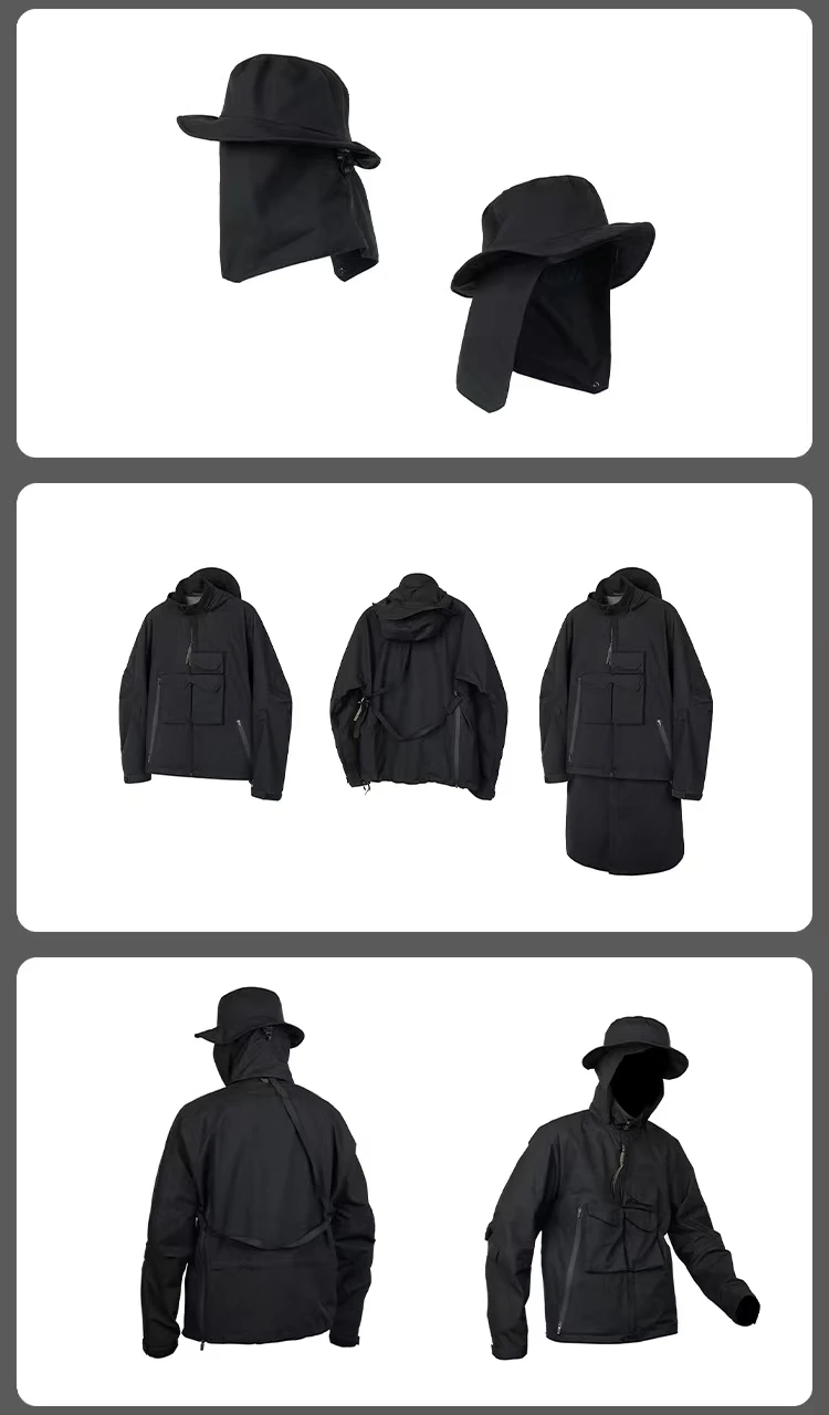 Atzen Front pockets storm jacket gt 2L material convertible frontapron detachable hat-hood techwear