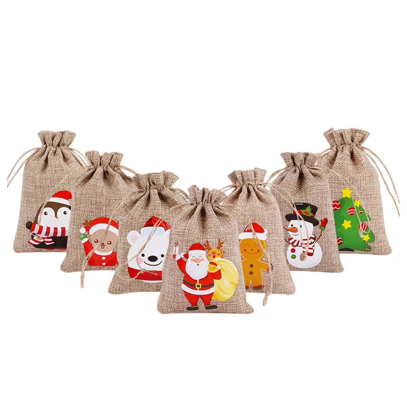 

24pcs 10x15cm Christmas Burlap Bags Santa Claus Jewelry Packaging Bags Wedding Party Decoration Snowman Candy Gift Drawable Bags