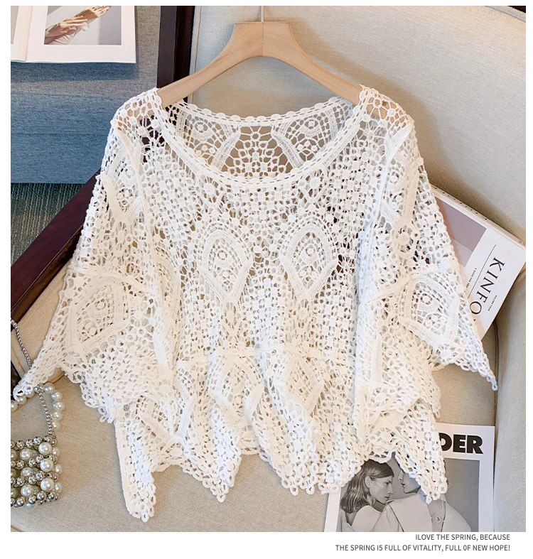 Blusa corta de ganchillo para mujer, Top corto de punto con mangas