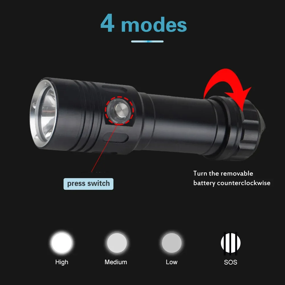 수중 랜턴 LED 스쿠버 다이빙 손전등, IPX8 방수, 100m L2, 전원 5000LM, 4 가지 모드 다이빙 조명, 5000mAh 26650 배터리