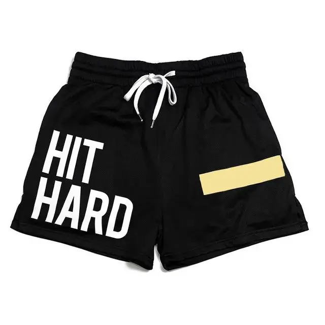 Summer Quick-drying Sports Shorts Men's Mesh Stretch Fitness Running Training Beach Pants HIT HARD Print GYM Basketball Short 3