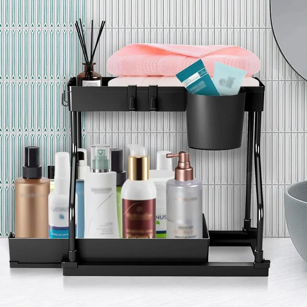 2 Tier Pull Out Organizer Under Sink for Kitchen Spices Bathroom Cosmetics Living Room Table Storage Desktop Cabinet Rack