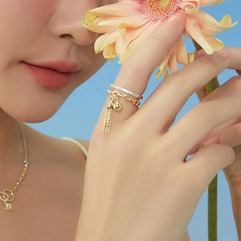 Luxury Double Layer Zircon Rings for Women Punk Metal Ball Tassel Link Chain Opening Ring New Trend Couple Wedding Jewelry