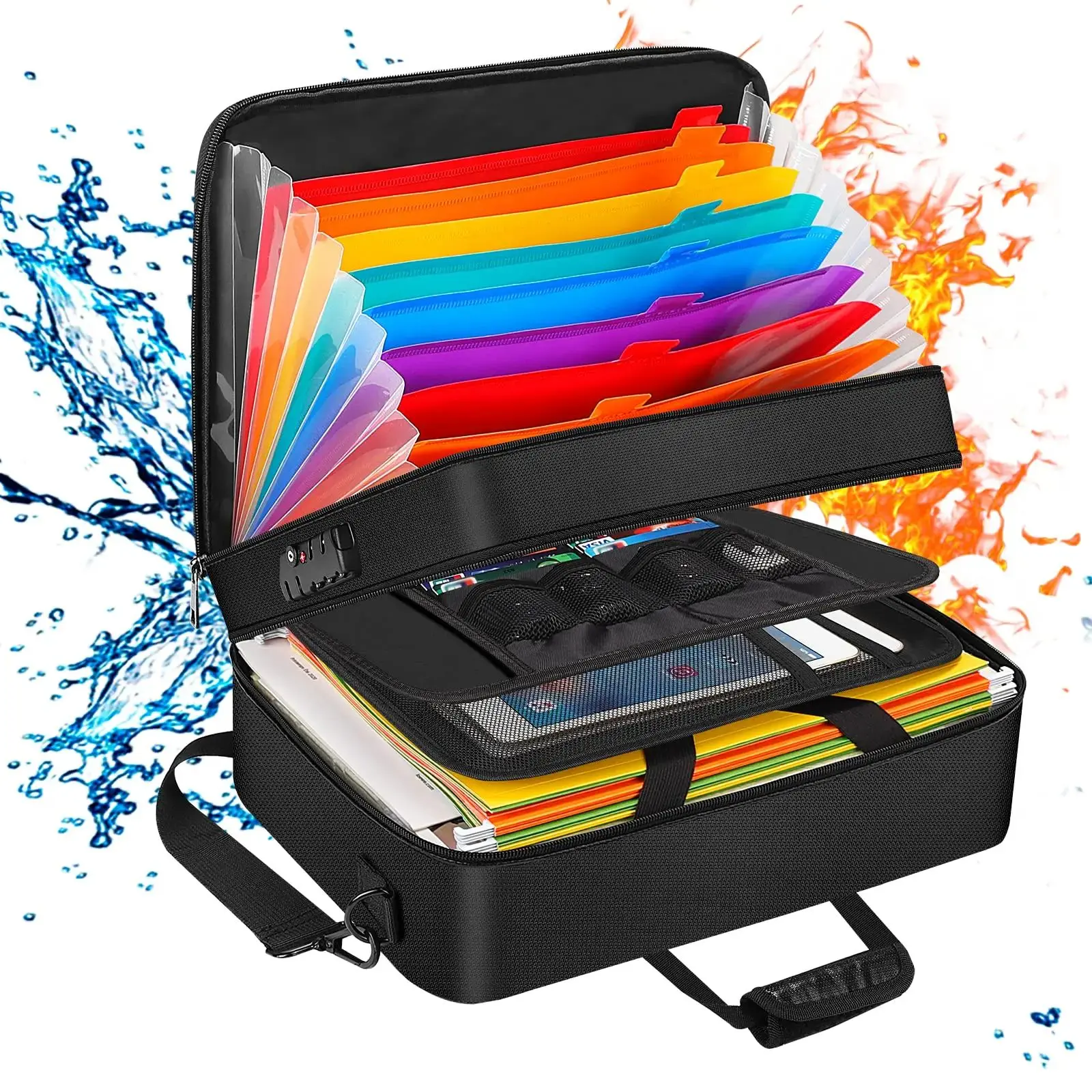 תיק ארגון עם תיבת ארגון צבעונית שקופה לקבצים תיבת אחסון אש-עמידה עם מנעול מכס תיק קבצים צדדי