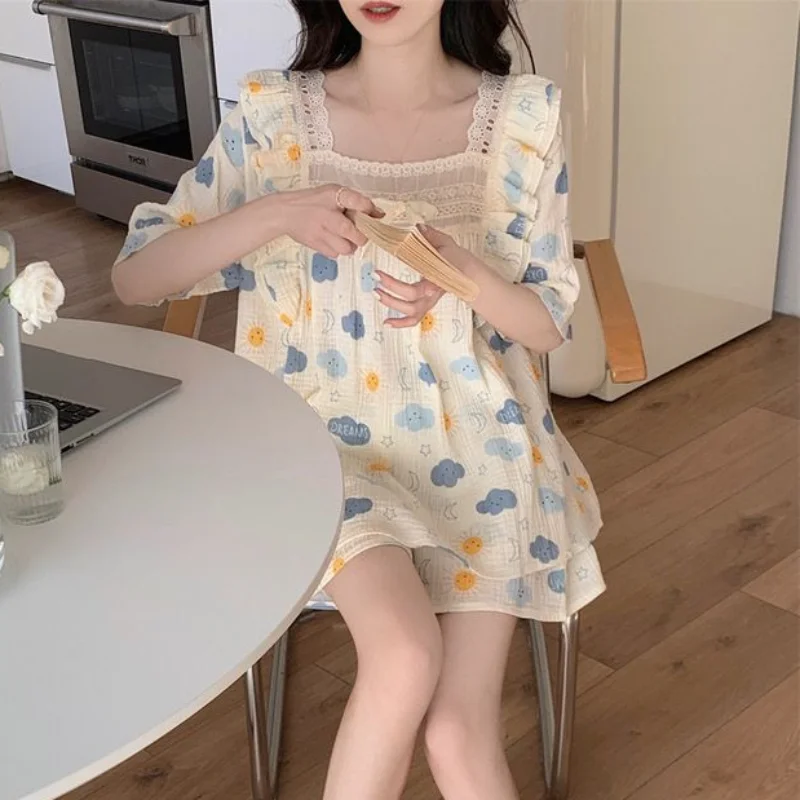 여성용 루즈한 클라우드 프린트 파자마 세트, 달콤한 러플, 올 매치 소녀 잠옷, 가정 얼짱, 캐주얼 학생, 공주 여름