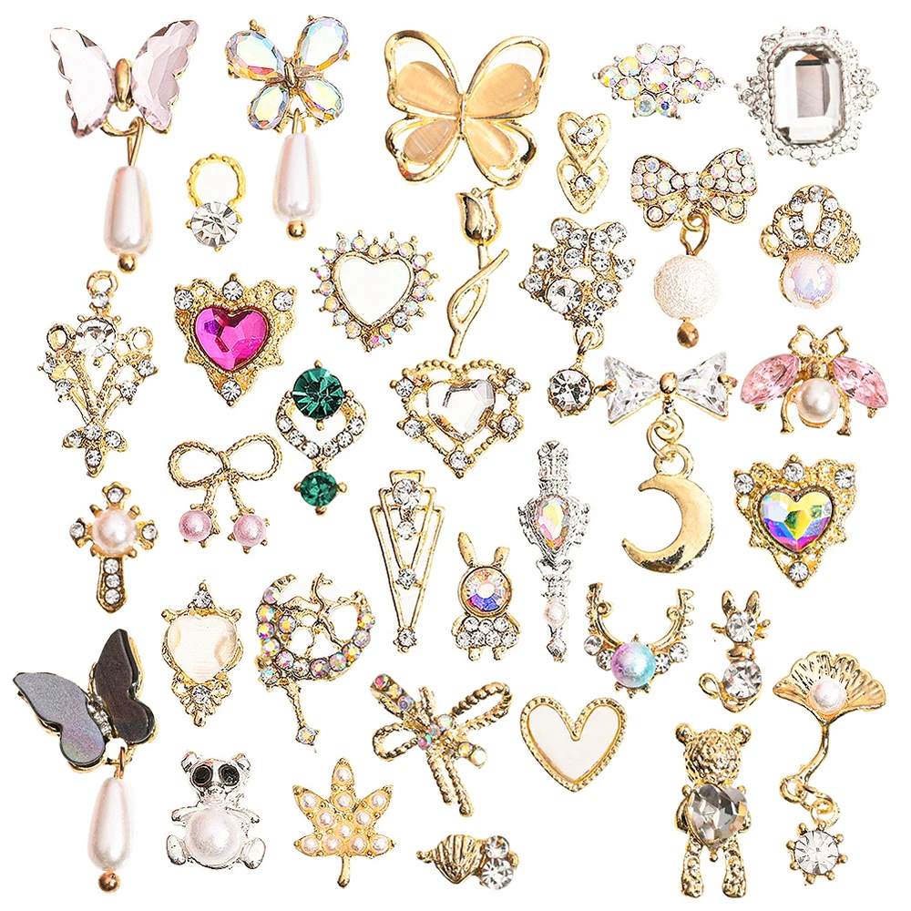 10Pcs Gold/Silver Crystal Butterfly Nail Charms Alloy Heart Bear Bowknot Rhinestone Luxury 3D Gems Diamond Manicure Tips Decor