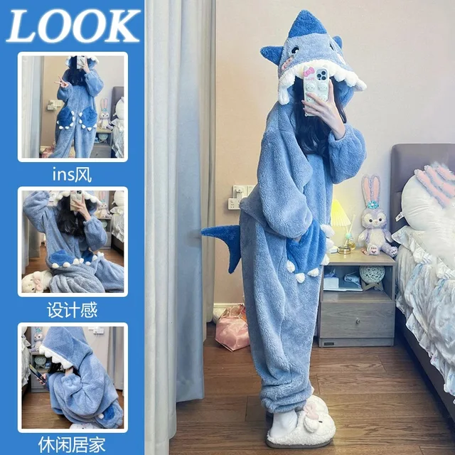 Cartoon Cute Shark Women's Hooded Sleepwear Kigurumi Unicorn Winter Cosplay Pijama jumpsuit Female Christmas Party Loungewear 3