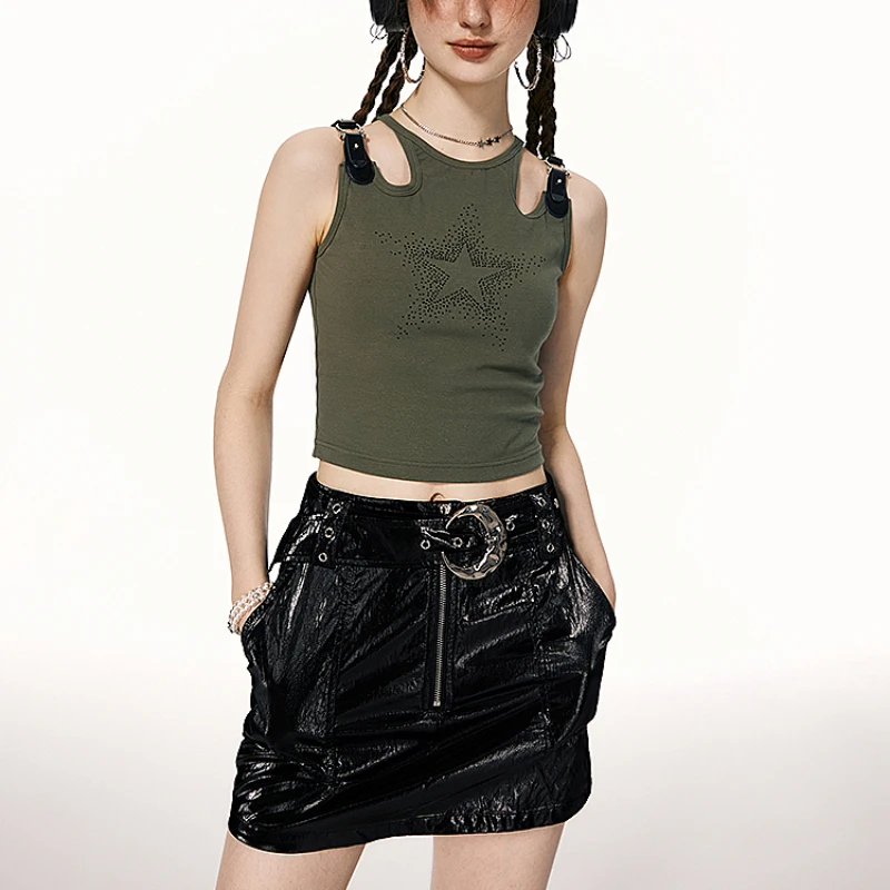 Short Vest Women's Inner Wear Summer New Green Cotton Sleeveless Slim-Fit Sexy Retro Diamond Printed Trendy Thin Bottoming Top