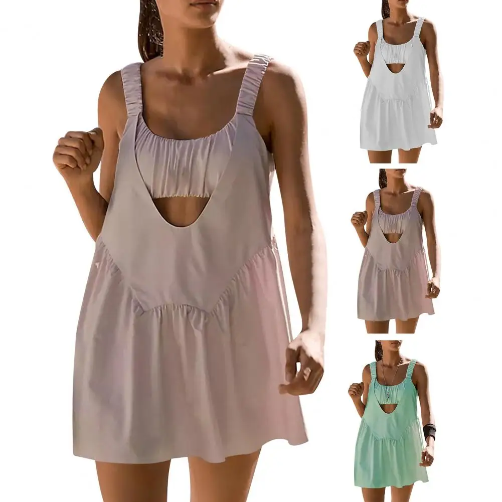 Women Tennis Dress Sport Tennis Golf Dress Shirt Collar V Neck Sleeveless Pockets Above Knee Length Mini Sport with Shorts