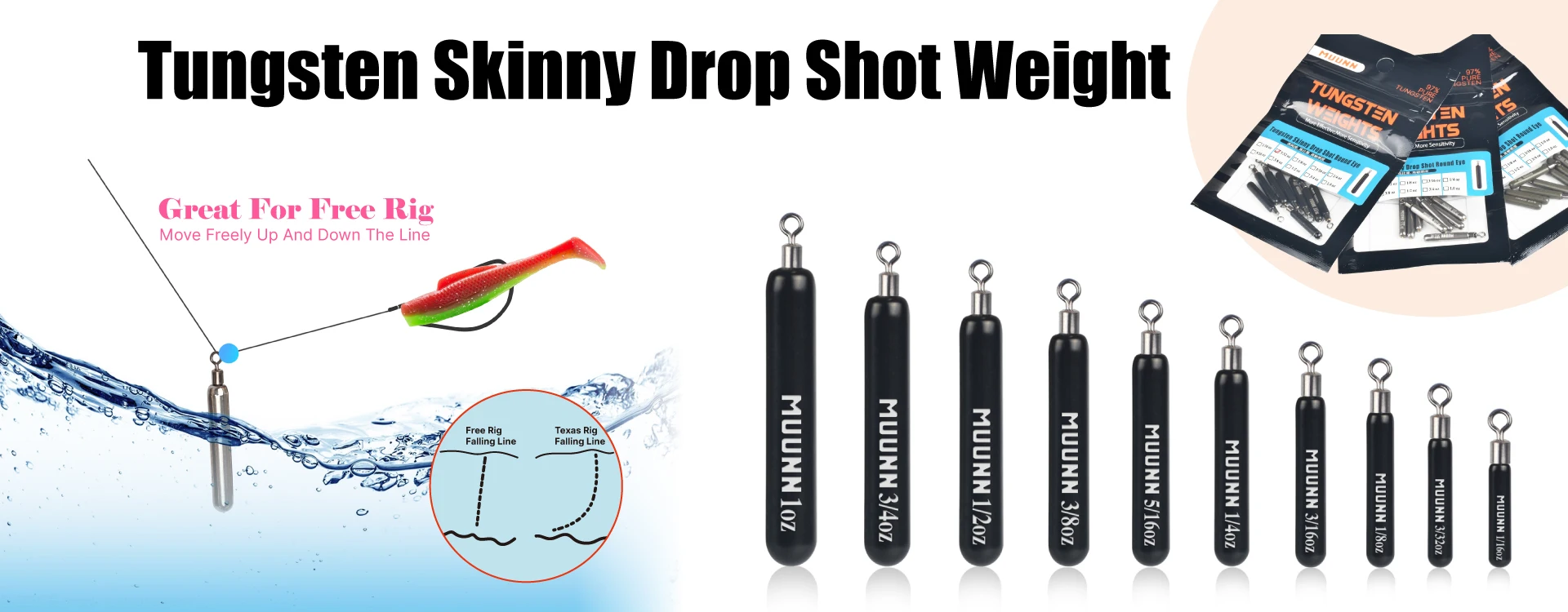 MUUNN 10PCS Tungsten Skinny Drop Shot Weight,Line Sinkers Hook  Connector,1/16OZ-1OZ,Texas Carolina Free Rig Bass Salmon Lure - AliExpress