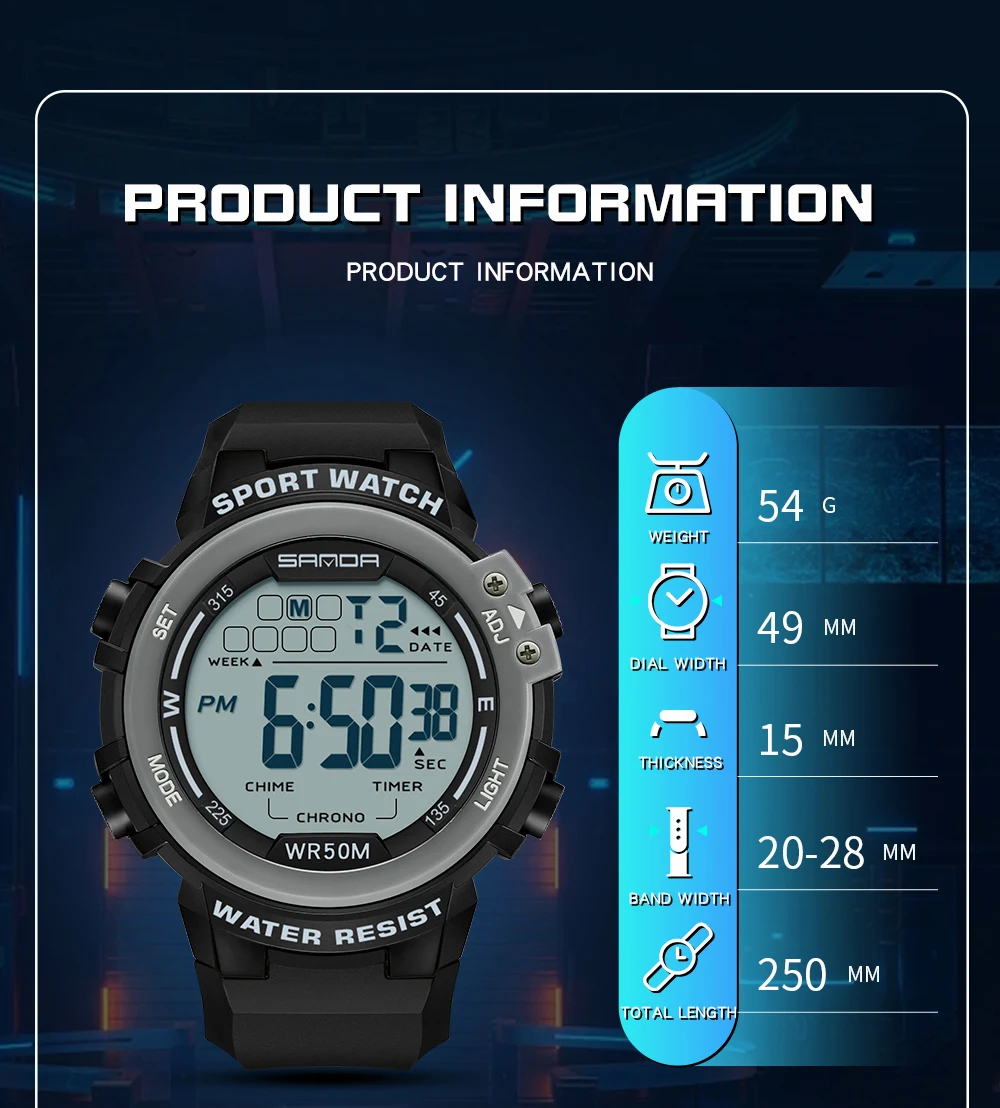 SANDA 2140 Alarm Clock Chrono 5Bar Waterproof Digital Watch
