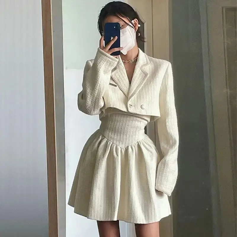 

UNXX Elegant Vintage Mini Dress Women 2 Piece Dress Set Korean Clothing Casual Jacket Coats+Short Party Dress Female 2023 Autumn