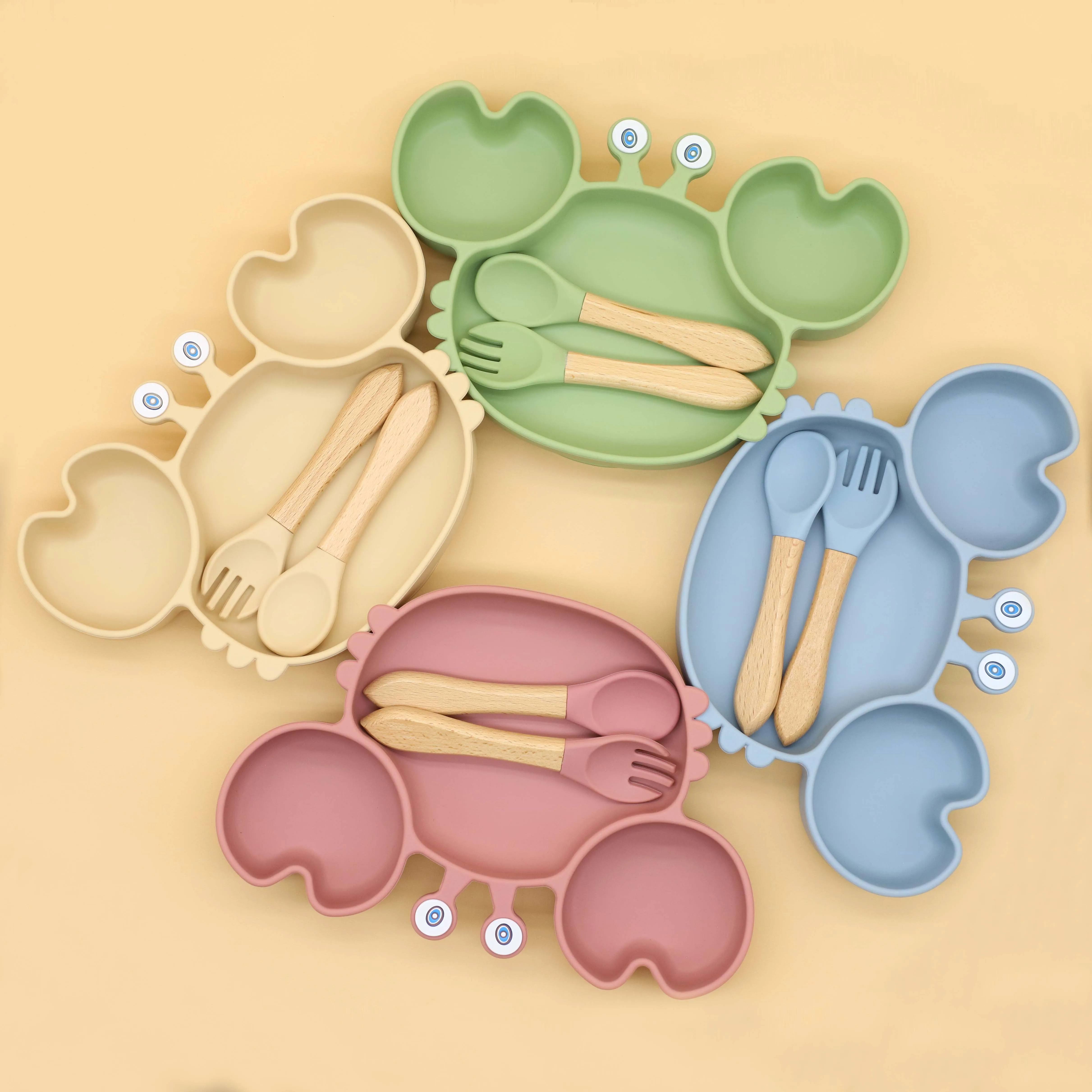 Silicone Dining Plate Baby Tableware Set Divided Dinner Plate Cartoon Crab with Strong Suction Power