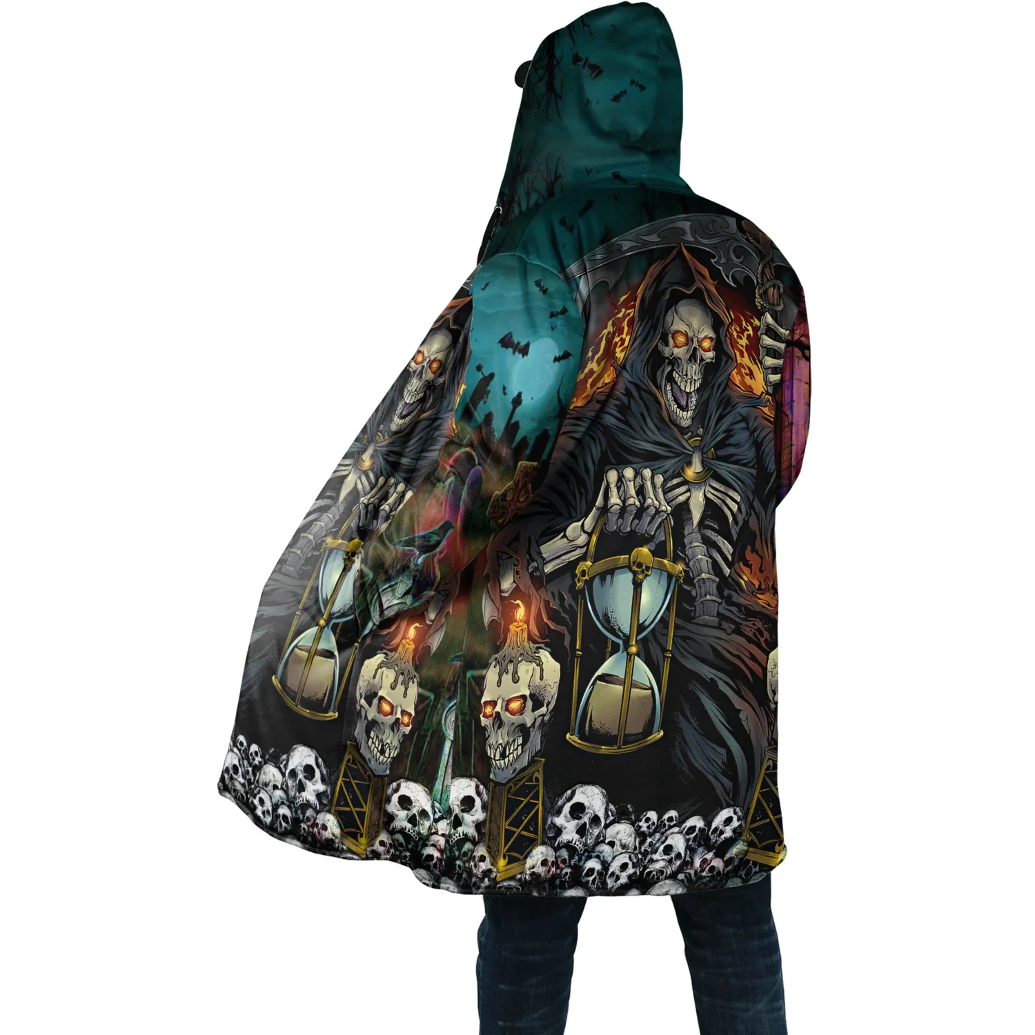 PLstar Cosmos Herren-Umhang, Reaper, Totenkopf-Tattoo, 3D-Allover-bedruckter Fleece-Kapuzenumhang, Unisex, lässig, dick, warm, Cape-Mantel PF69 – Detail 11