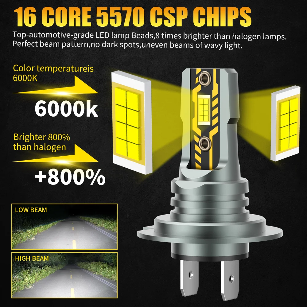 2Pcs H7 LED Lights 200W 22000LM Headlight Bulb 6500K Mini Size Design Wireless For Car Lamp CSP 5570 Chip White Plug&Play