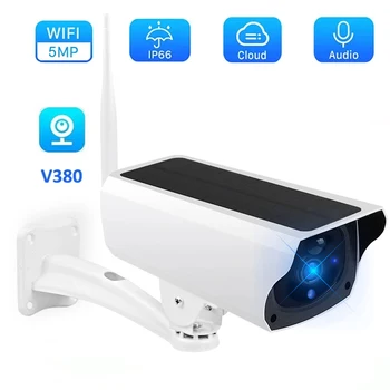 HONTUSEC V380 태양광 카메라, IP66 방수, 5MP 무선 카메라, PIR 알람, 모션 감지 태양광 패널, 양방향 오디오, IP 카메라