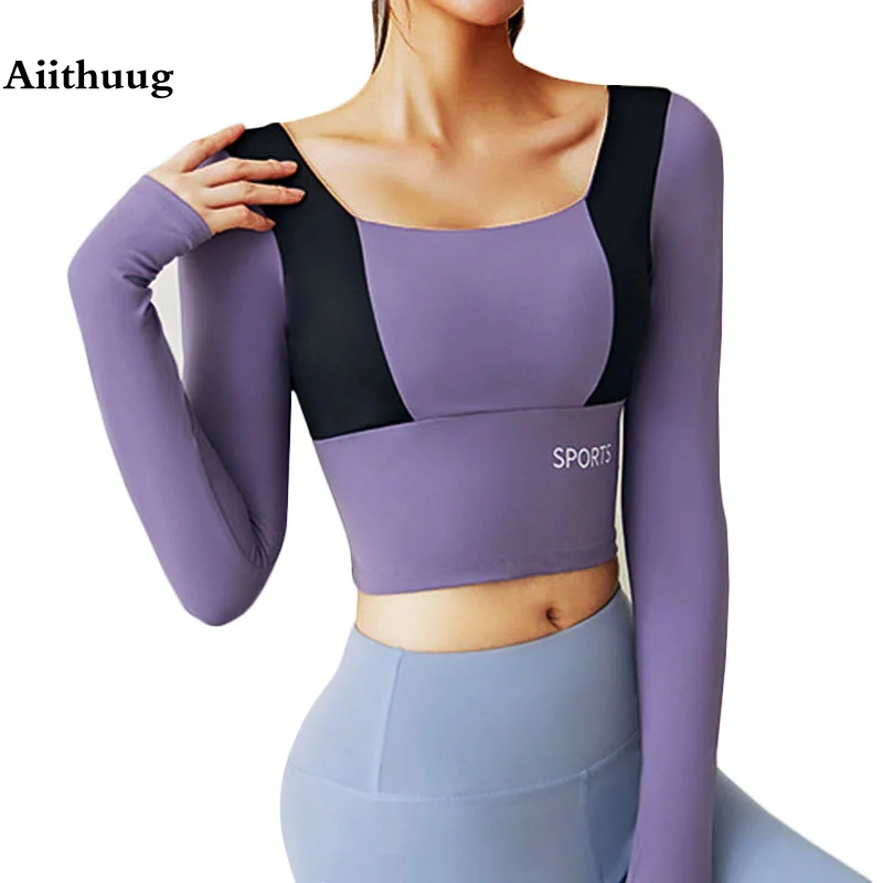 

Aiithuug Yoga Crop Tops Long Sleeve Yoga Tops Gym Top with Build In Cup Splicing Joint Color Padded Crops Fitness Gym Shirts