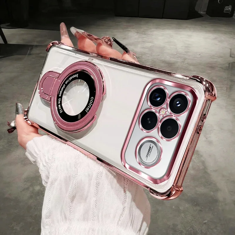 Electroplated Transparent Case with Four-Corner Stand and Magnetic Back Cover