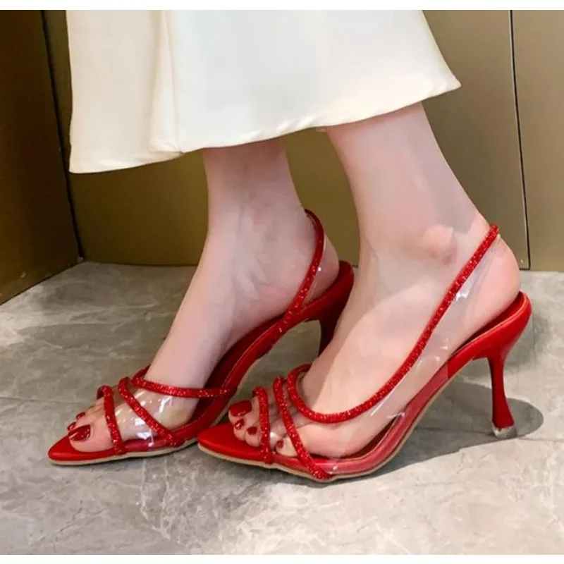 Women Summer Rhinestone Slingback Pumps Office Lady Transparent Heeled Sandals Elegant Pointed Toe Sexy High Heels Sandals
