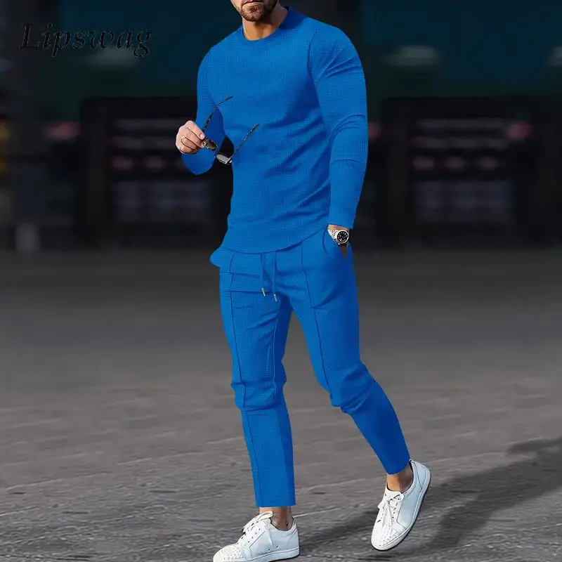 

2023 Autumn Mens Casual Tracksuits Pure Color O Neck Long Sleeve Pullover Tops And Pants Set For Men Streetwear Two Piece Suits