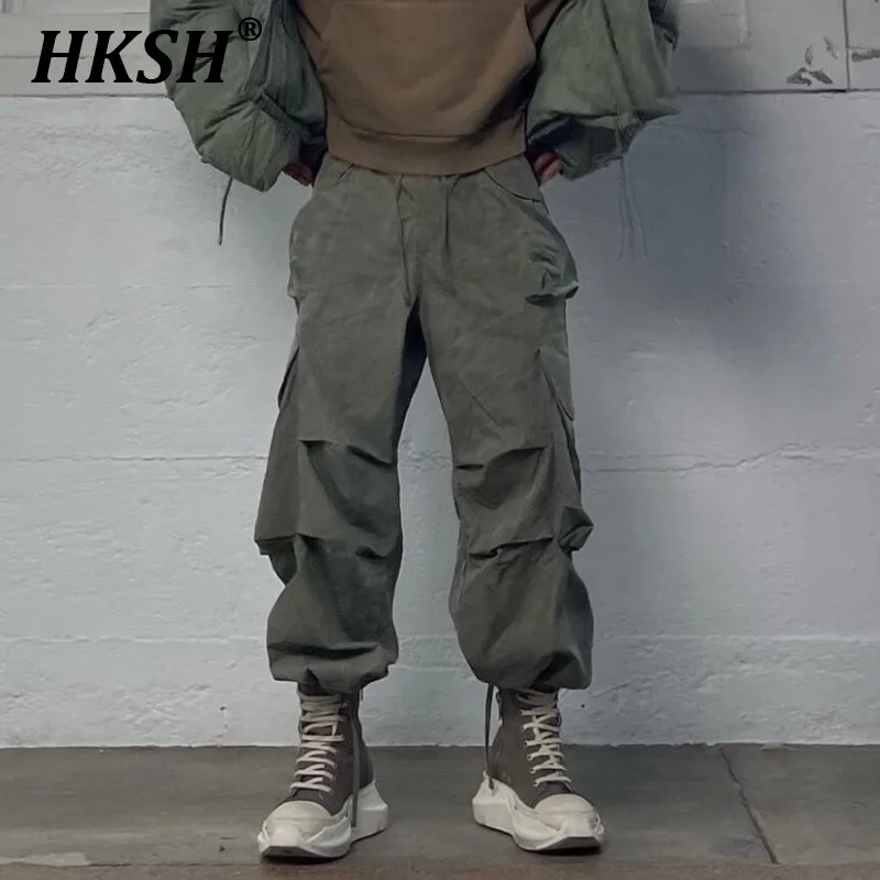 

HKSH Distressed Vintage Safari Style Dyed Pockets Pleated Washing Loose Drawstring Workwear Cargo Pants Men's Tide Chic HK1104