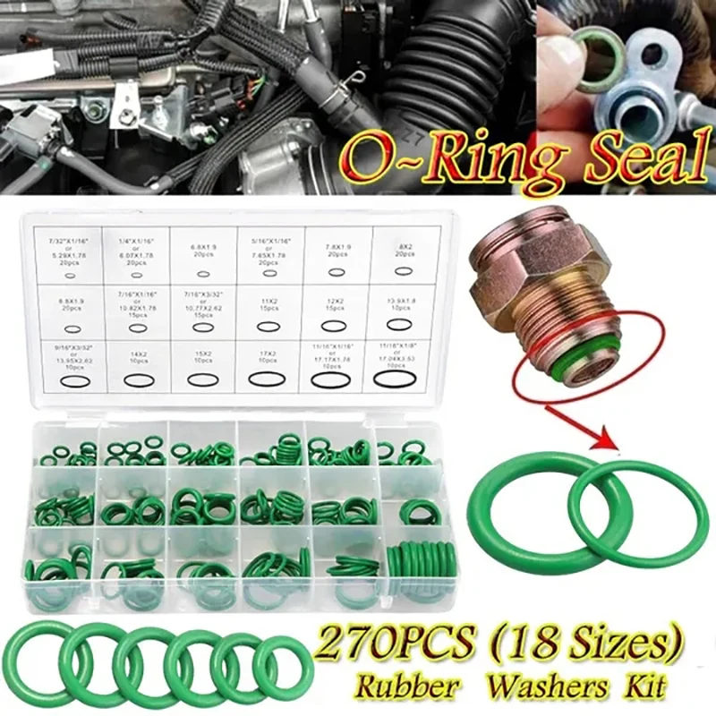 

225/270Pcs Rubber O-Ring Washer Seals Watertightness Assortment Black For Car 18 Different Size with Plastic Box Kit Set