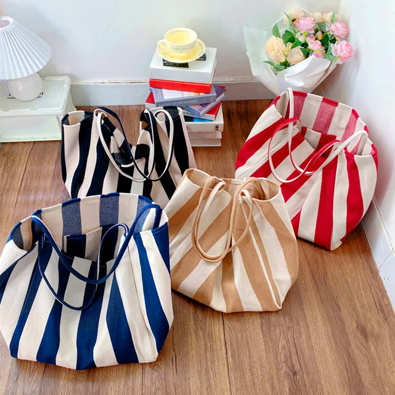 Fashion Striped Shoulder Bag Vintage Ultra Large Capcity Handbag Korean Style Canvas Bag