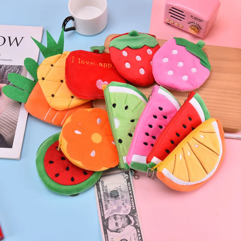 Creative Fruit Plush Coin Purse Watermelon/Strawberry/Orange/Pineapple Zipper Wallet Plush Pocket Card Holder Coin Wallets