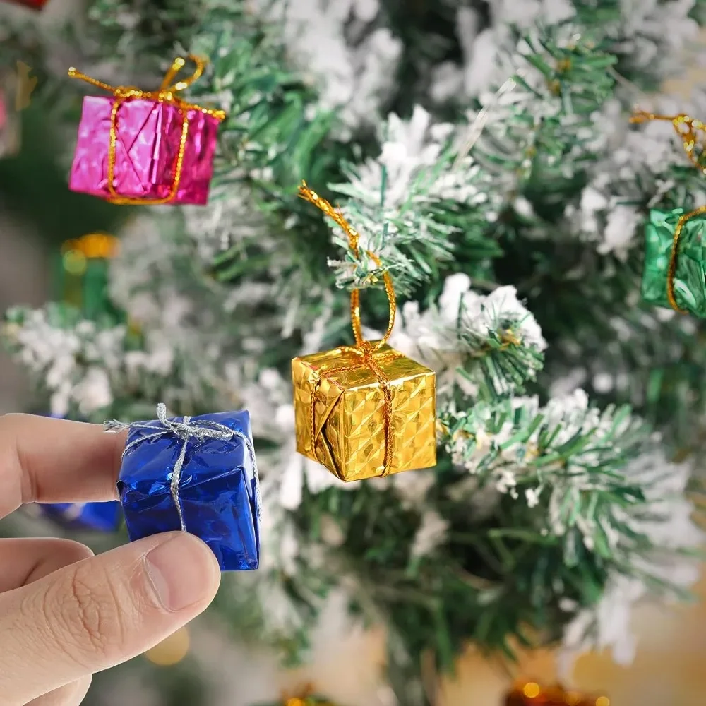 Mini Xmas Ornaments Gifts Boxes 60/6Pcs Shiny Foil Wrapped Gift Boxes Xmas Tree Hanging Pendants For Navidad Party Decorations