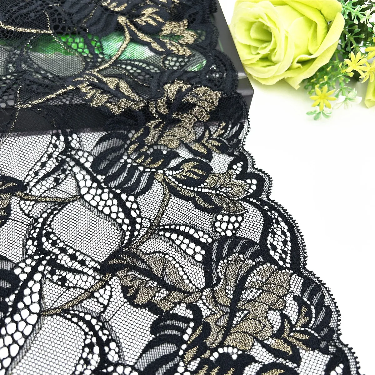 3y/lot Width 23cm Black Gold Shiny Wedding Elastic Stretch Lace Trim 3