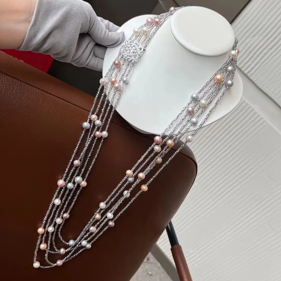 5 Strands Natural Colorful Pearl Gray Faceted Crystal Necklace Handmade Multi Strands Necklace Fashion Jewelry