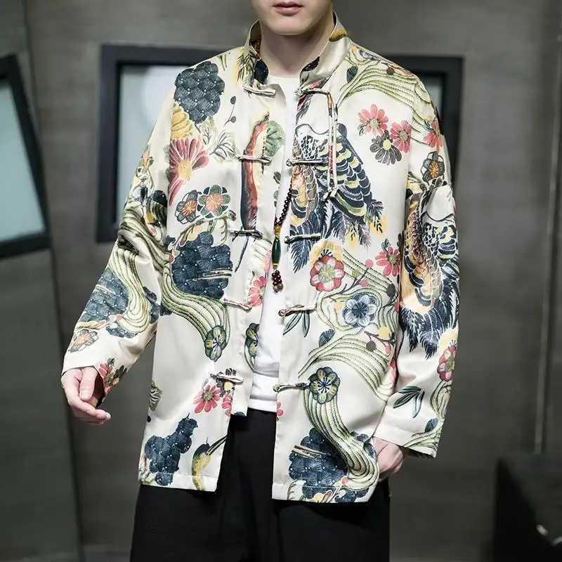 

Chinese style men's jacket jacket spring Chinese plate button printed large size Tang dress retro style loose Hanfu men fashion