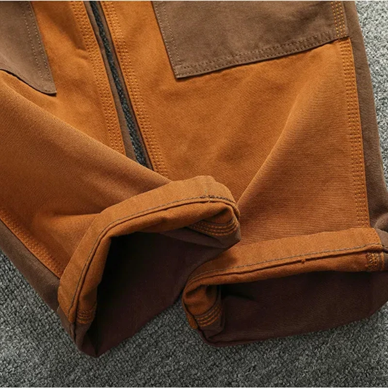Men Autumn Winter Heavy Vintage Overalls Bead Canvas Grain Color Patchwork Logging Motorcycle Casual Pants