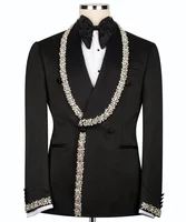 Trajes para hombre Customized Black Jacquard Wedding Groom Tuxedo with Crystal Double Breasted Blazer Pants Luxury Suits for Men 1