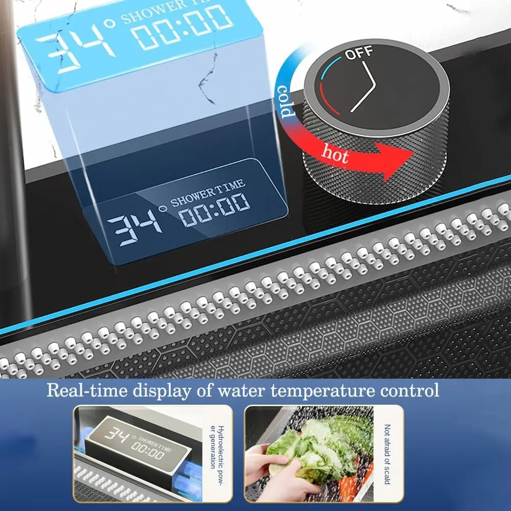 Stainless Steel Smart Waterfall Kitchen Sink Single Bowl Digital Display Honeycomb Nano Modern Workstation Sink with Pull Down F