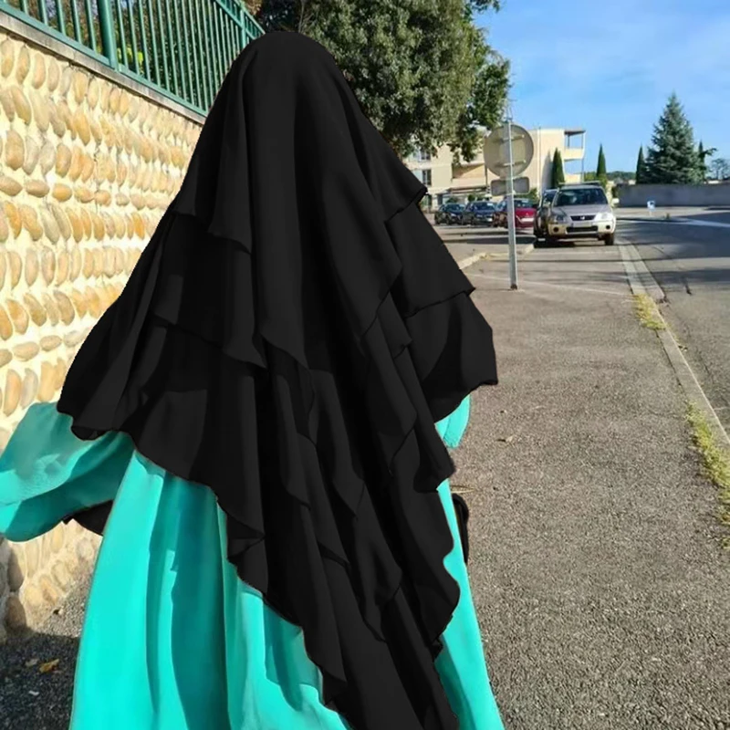 Zwarte Drielaagse Chiffon Hijab Gebed Khimar Effen Kleur Arabische Türkiye Sjaal Hoofddoek 136*120Cm