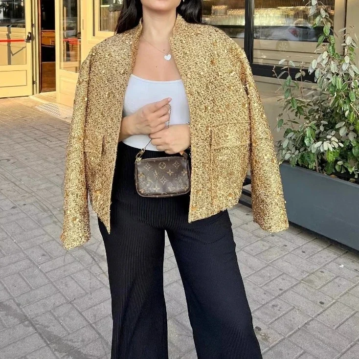 

Stand up Jackets,Women Fashion Shiny Sequin Gold Color Stand Collar Long Sleeve Short Coat Autumn Winter Ladies High Streetwear