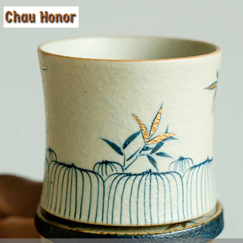 80ml Blue And White Flint Red Teacup Gold Drawing Bamboo Tea Bowl Decompression Spin Cup Meditation Cup Jianzhan Chinese Tea Set