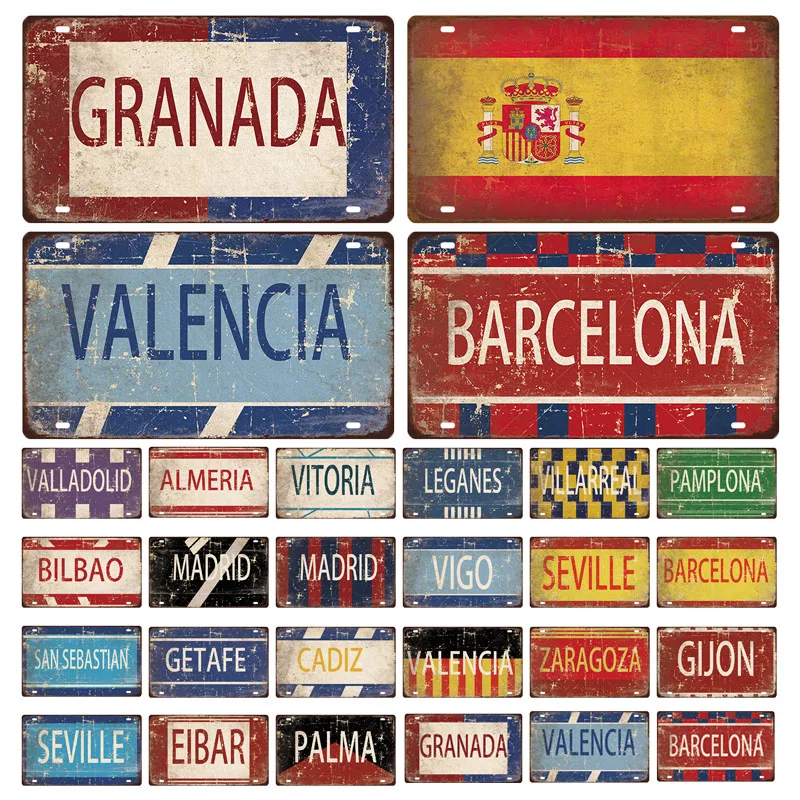 

Spain City Metal Sign Licenses Plate Plaque Metal Vintage Tin Sign BARCELONA/MADRID/SEVILLE Flag Bar Pub Man Cave Club Poster