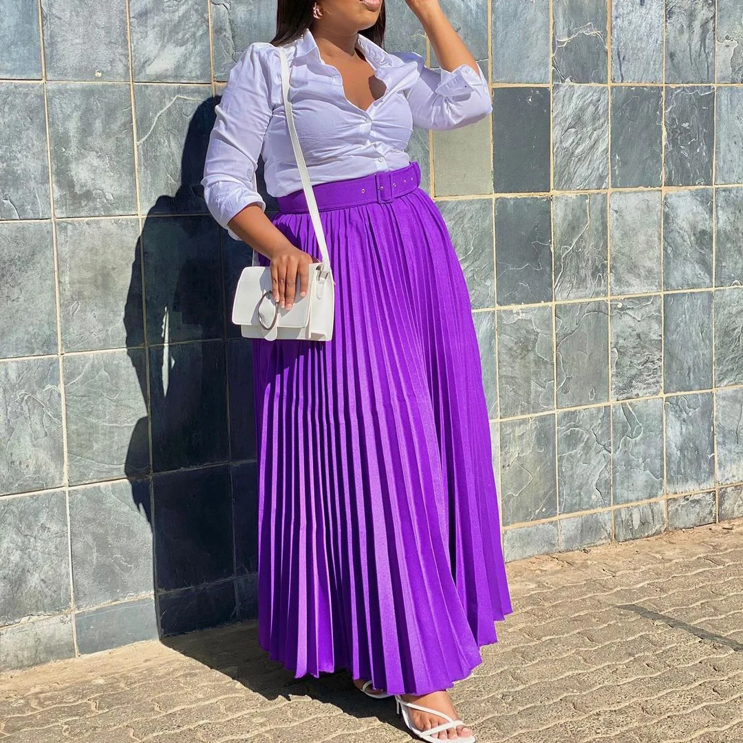 Plus Size Women Pleated Skirts Solid Chubby Elegant Party Dress 2022 Fall Casual Robe Female Designer Skirt Fashion Belt Outfit