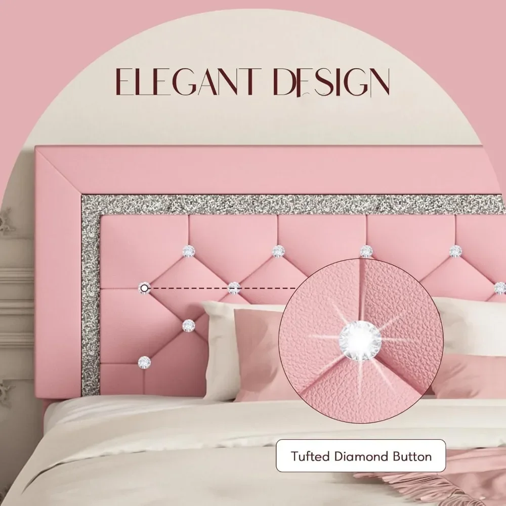 Queen Bed Frame, Upholstered with Diamond Tufted Headboard,,Wooden Slats Support, No Box Spring Needed, Easy Assembly Pink 6