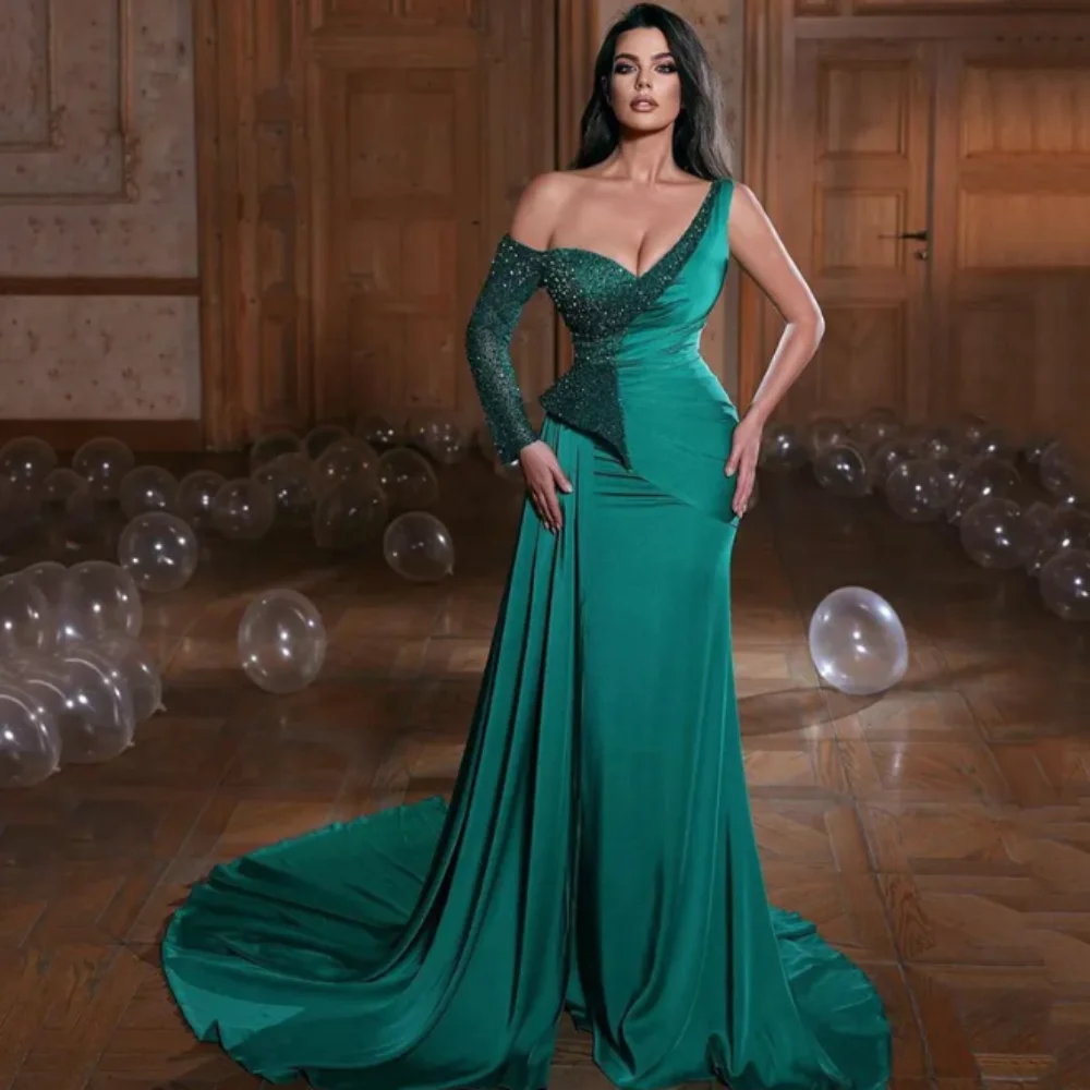 

Gorgeous Single Sleeve Evening Dresses 2024 New One Shoulder Prom Gown with Bead and Sequined Customed Muslim Vestidos De Gala