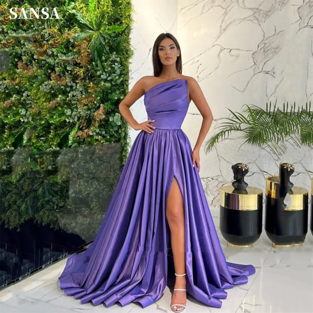 

Sansa Elegant Ball Gown Taffeta فساتين السهرة Glaring Purple Side Split Vestidos De Noche Puffy A-line Sleeveless Prom Dress