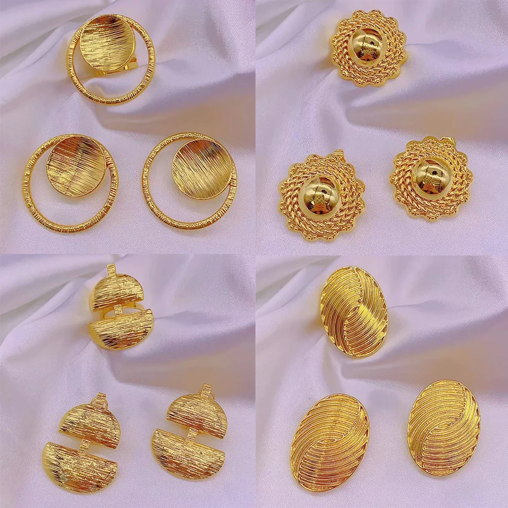 4Sets Jewelry Sets for Women Classic Wedding Gold Color Clip Earrings Adjustable Ring Ladies Birthday Gifts Jewelry Accessories