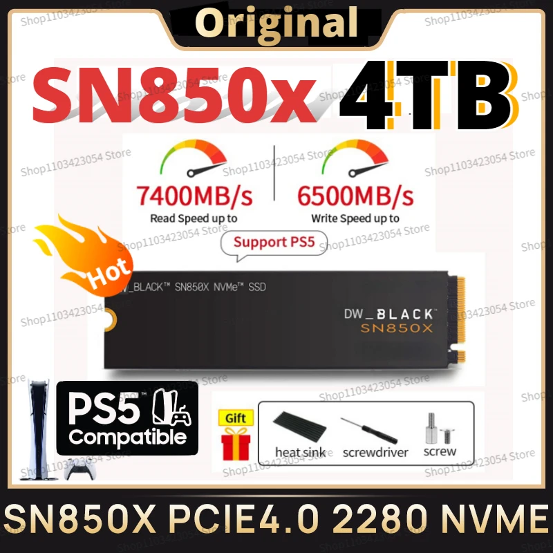 

2024 PS5 SSD NVMe Internal BLACK SN850X Gaming SSD Solid State Drive Work with Playstation 5 Gen 4 PCIe M.2 2280 free heatsink