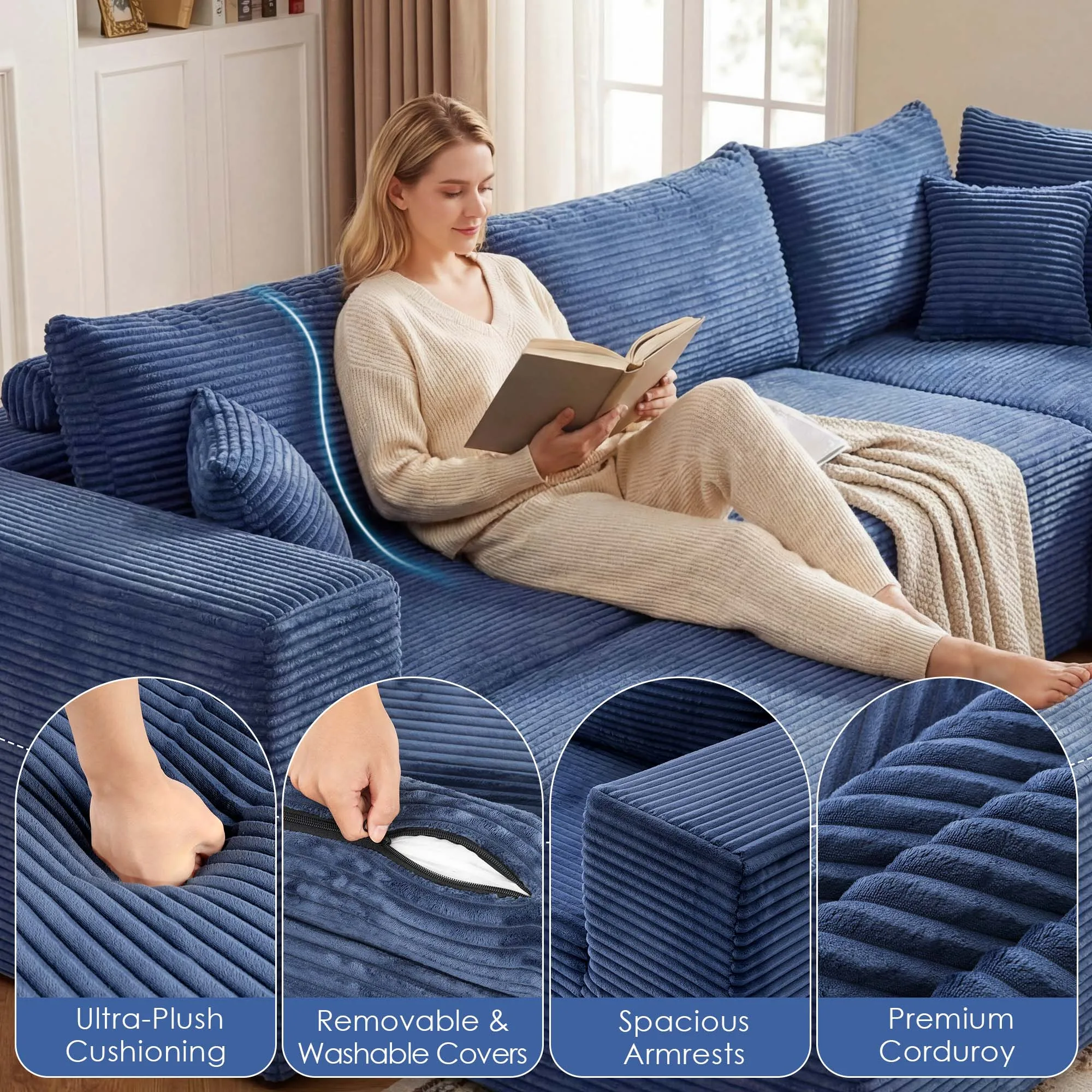 Redlife 165" Boneless Couch with Ottoman, 6 Seat Modular Sectional Sofa,Blue Corduroy Upholstery,28" Deep Seat,Removable Covers 3