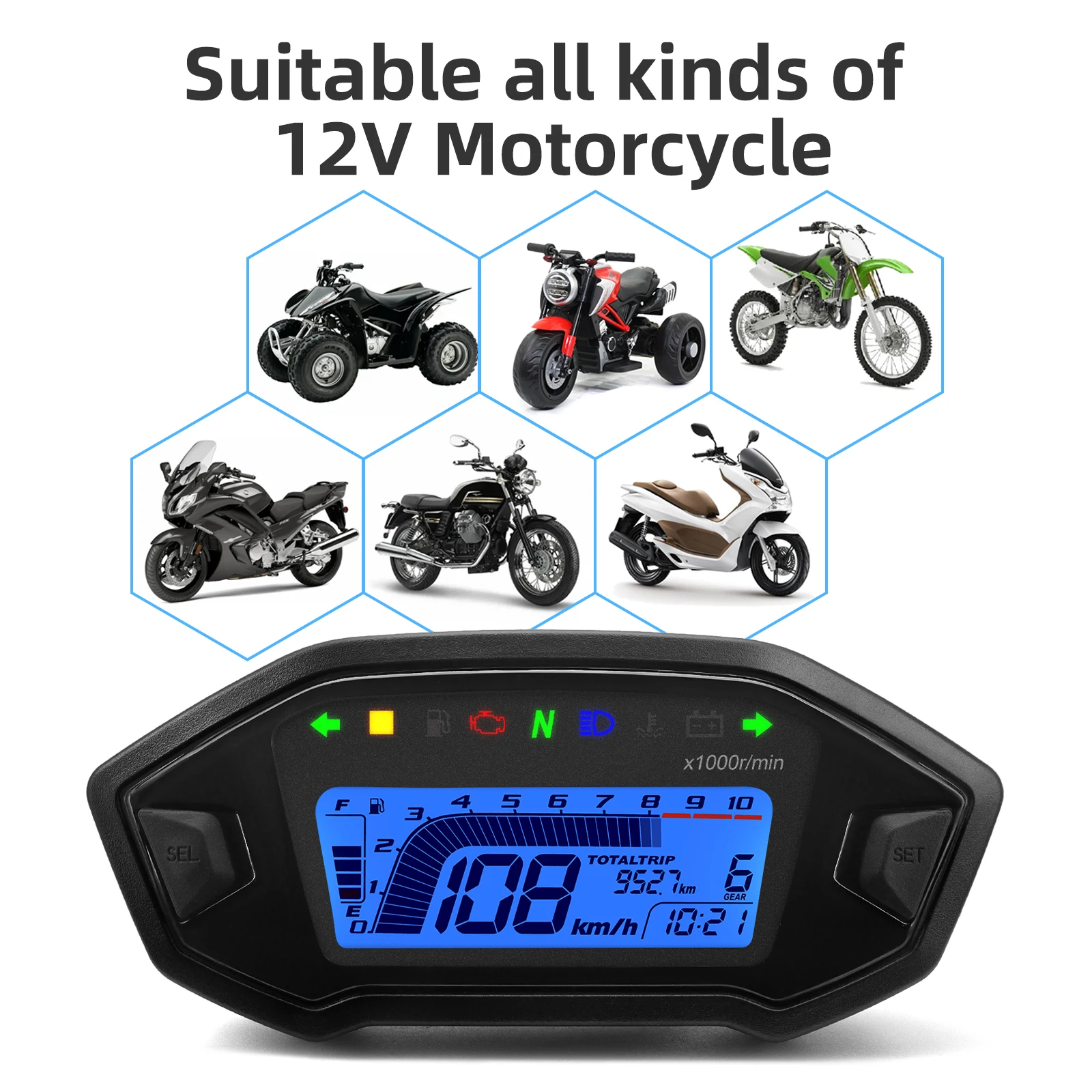 2023 Recém 7 Cores Velocímetro Digital Moto Painel 10000RPM Motocicleta Display LCD Odômetro Tacômetro para 1,2,4 Cilindro