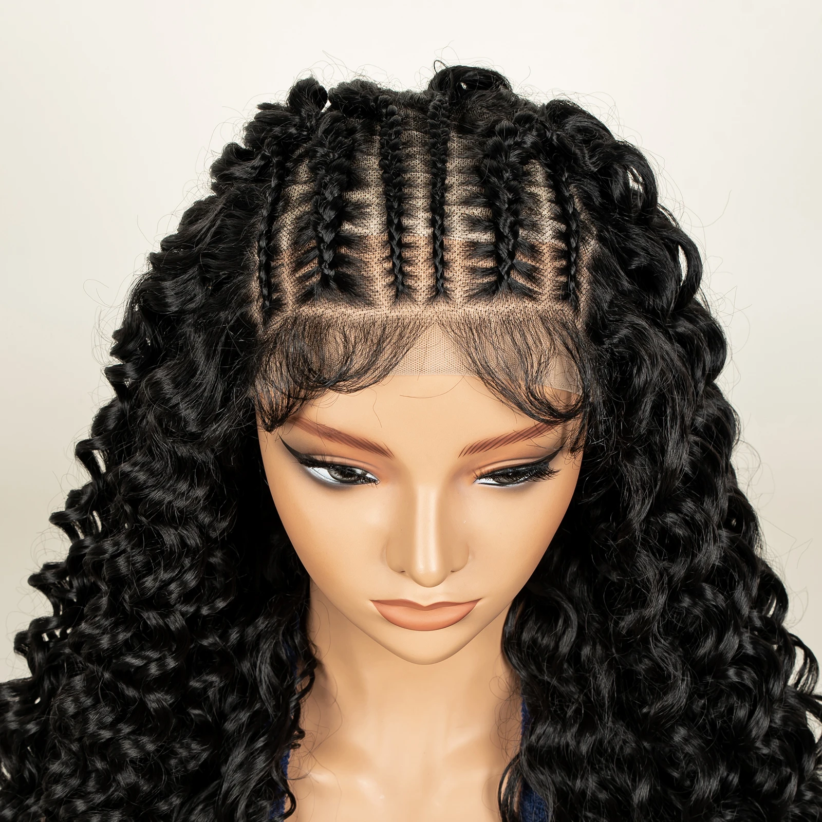 Parrucca sintetica per capelli ricci intrecciati a metà cornrow Parrucca trasparente per capelli frontali in pizzo 13x6 con capelli da bambino per donne nere - immagine 4