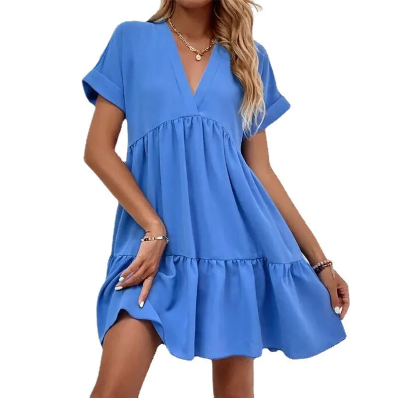 Elegant New Women Dress Spring Summer Sweet V-neck Loose solid color large swing casual beach dress